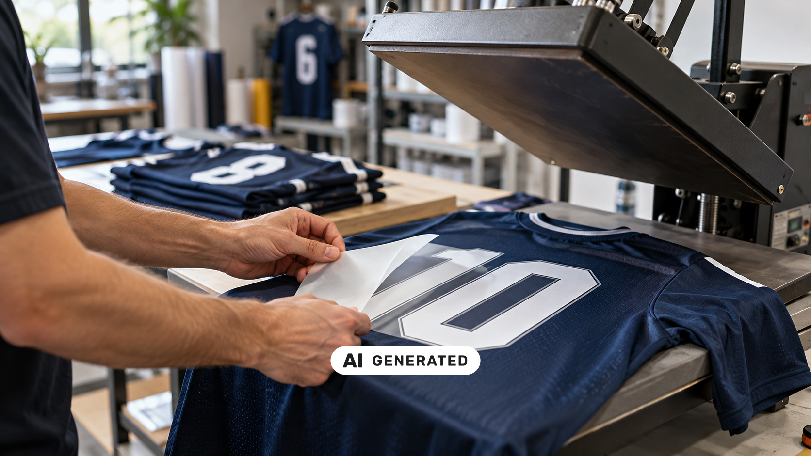 Dunkelblaues Fußballtrikot mit weißer Rückennummer 10 bei der Veredelung mit einer Transferpresse in einer Textildruckwerkstatt.