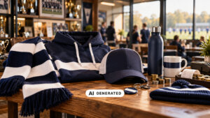 Fanschal, Hoodie, Cap und Trinkflasche in Vereinsfarben auf einem Holztisch im Vereinsheim, daneben Münzen und ein Kassenbon.