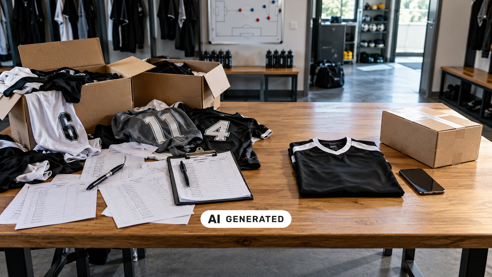 Unsortierte Fußballtrikots, Bestelllisten und Kartons neben einem ordentlich verpackten Trikot und Smartphone in einer Vereinsumkleide.