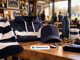 Fanschal, Hoodie, Cap und Trinkflasche in Vereinsfarben auf einem Holztisch im Vereinsheim, daneben Münzen und ein Kassenbon.
